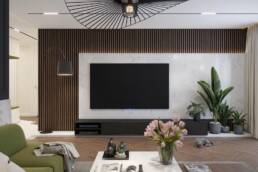 Rendering of the living room in modern interior design.  Wizualizacja salonu w projekcie nowoczesnego wnętrza. Projektowanie wnętrz